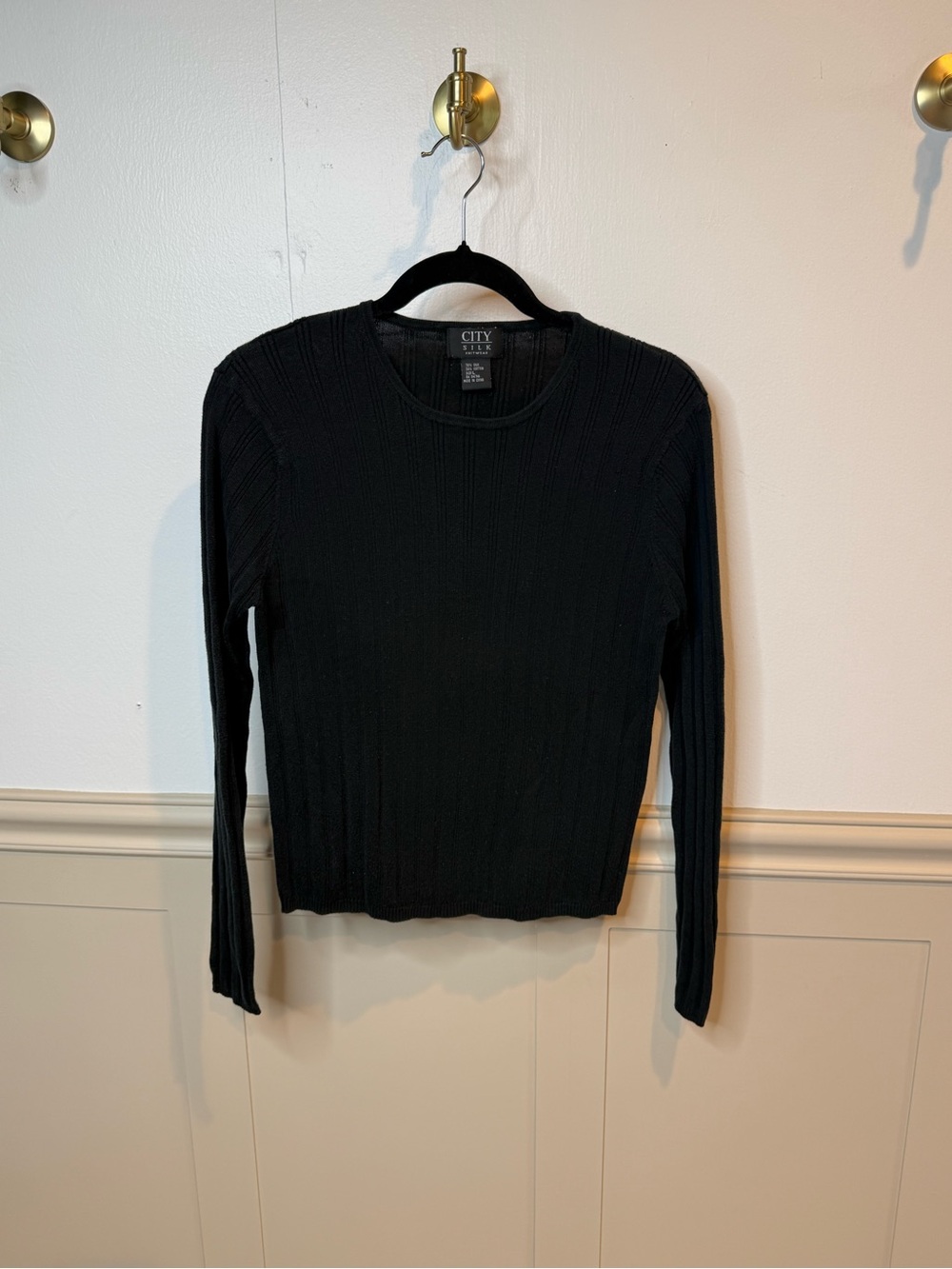 City Silk - Black Silk/Cotton Blend Ribbed Crewneck Sweater